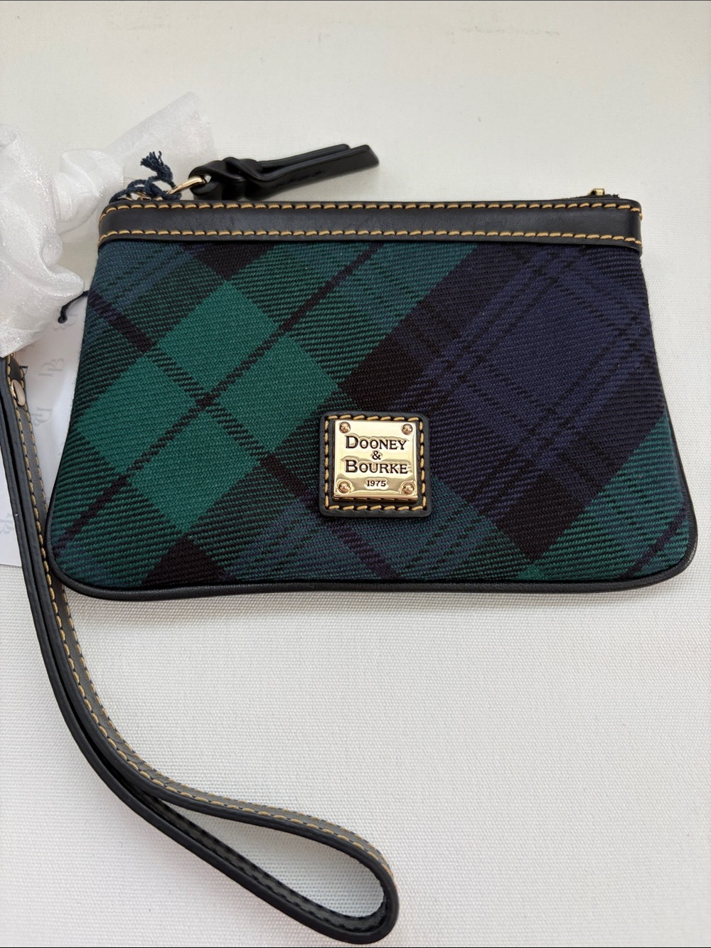 NWT - Dooney & Bourke Green and Navy Tartan Plaid Wristlet with Leather Trim